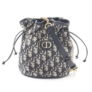 【二手】Dior 30 Montaigne 抽繩迷你水桶包 Oblique S2374VTZQ_M928 象牙白/海軍藍帆布皮革