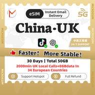 UK-China eSIM Total 50GB 5G High Speed 30 Days | Unlimited Data |Europe eSIM | Instant Delivery UK-C