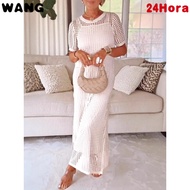 Women's Solid Color Round Neck Hollow 2-Piece Long Dress