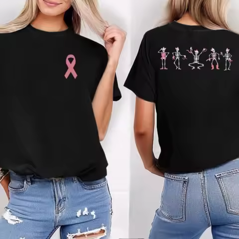 Breast Cancer Awareness Pink Ribbon Skeleton T-Shirt Halloween Gift Dancing Bones Shirt Women Men Un