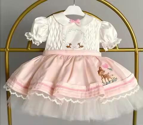 0-12Y Baby Girl Summer Pink Deer Embroidery Vintage Princess Dress for Birthday Photography Holiday 