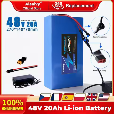 Aleaivy 48V 10Ah12Ah 16Ah 20Ah 13S7P Rechargeable Lithium Battery Pack with BMS, Suitable for 750W 1