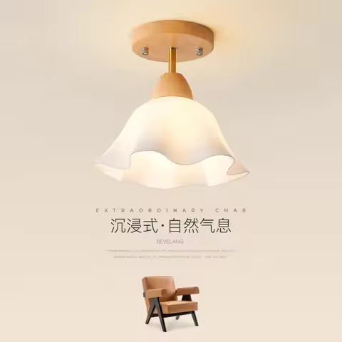 Modern Raw Wood Base Corridor LED Ceiling Lamp PVC Fancy Lampshade Home Interior Decoration Balcony 