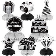 8PCS Black White Silver Birthday Decorations Honeycomb Centerpieces for Women Men, Black White Happy