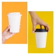 Lot of 50 white paper cups 9oz/14oz/16oz with black and white plastic coffee lid