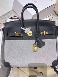 HERMES  Birkin 25 金扣 帆布拼灰铂金包手提包