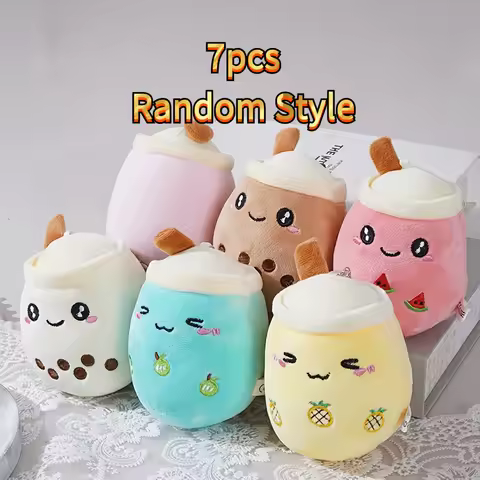 Set of 7 Milk Tea Shaped Plush Toys - Soft Chewable Stuffed Toys, Adorable Kittens with Decorated Fr