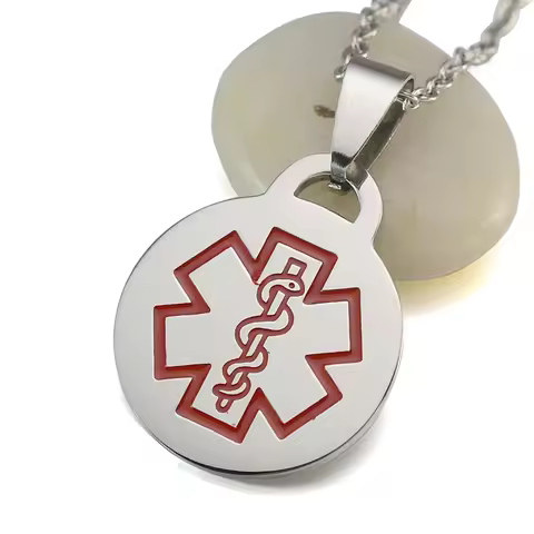 Women Personalized Stainless Steel Red Medical Alert ID Round Dog Tag Custom Engraved Pendant Neckla