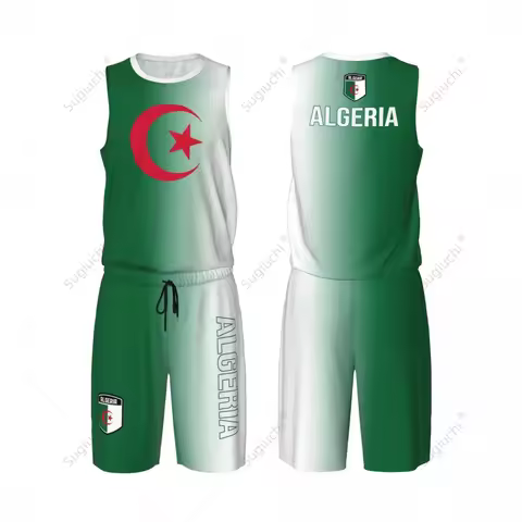 Men Algeria Flag Basketball Jersey Set Mesh Shirt & Pants Sleeveless Exclusive Team-up Custom Name N