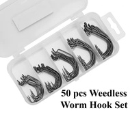 50pcs Weedless Worm Hook Set for Soft Plastic Lure Fishing Bait Crank Hook Box Set Mata Kail Umpan C