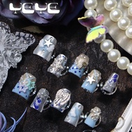 Fall/Winter Handmade Y2K Style Duck Mouth Fake Nails,Nude,Blue, Silver Color Nails With French Tips,