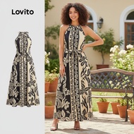 Lovito Women's Boho Floral Dress with Belt LBL22256