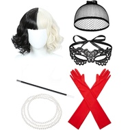 Cruella Deville De Vil Black White  Hair Wig Cosplay Halloween Costume Party Accessories Set