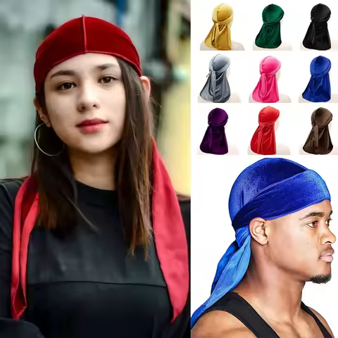 Unisex Women Men Velvet Durag Long Tail Headwrap Bandana Elastic Durags Wave Caps Men's Doo Rag Turb