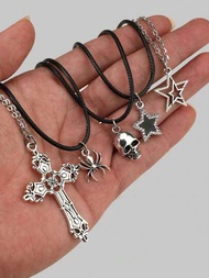 ROMWE Goth 5 件/套復古哥德式項鍊,附、鑽石、星星、蜘蛛和骷髏設計