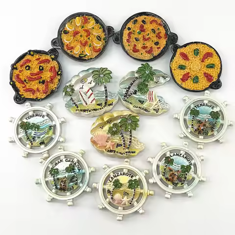 Spain Paella & Coastal Scenery 3D Fridge Magnet Set, Resin Mediterranean Souvenir, Gift & Collectibl