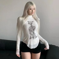 American Style Baddie High Neck Dog Print Mesh Long Sleeve T-Shirt Women Trendy Slim Basic Streetwea