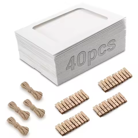 Pack of 40 White Photo Garland with 4 Pieces Photo Line Cardboard Picture Frames Set 11.2x15.3cm for