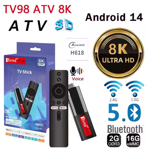 TV98 ATV Mini TV Stick Android 14 H618 Quad Core Cortex A53 Support 8K Video 4K Wifi6 BT5.0 Voice Re