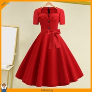 {Ready Stock} Sexy Retro Dot Dress Vintage 1950s Midi Dress with Belt Square Neck A-line for Prom Pe