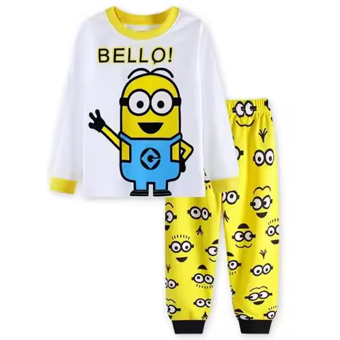 Kawaii New Cartoon Minioned Pyjamas Cotton Pajamas Set Long Sleeve Sleepwear Sweatshirt Nightwear