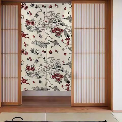 [2D Door Curtain] 1pc Japanese Cherry Blossom & Wave Design Blackout Curtain - 34"x56" Linen Room Di