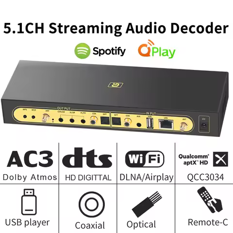 Airplay DLNA WiFi Music Box 5.1CH Audio Decoder aptXHD Bluetooth 5.0 Reciever DAC DTS AC3 Atmos SPDI