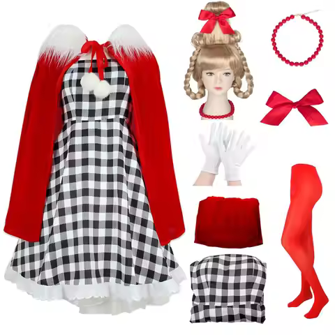 7PCS Cindy Lou Who Costume Cindy Wig Dress Cape Accessories Christmas Cosplay Outfits for Halloween 