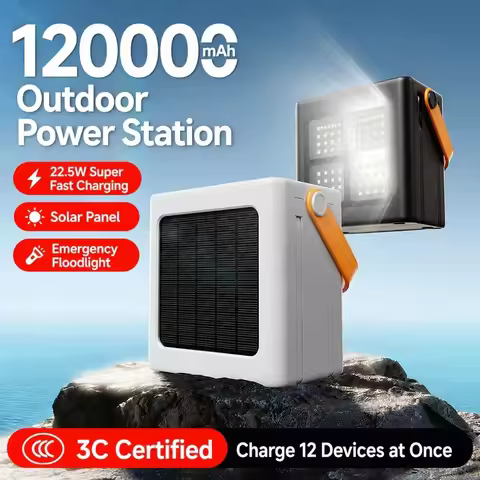 120000mAh Solar Power Bank Built-in Cable LED Light Portable Power Station External Battery for Outd