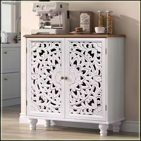 Sideboard Buffet Cabinet with Storage, 31.6" High, 2 Carved Doors, Solid Wood Bun Feet, White