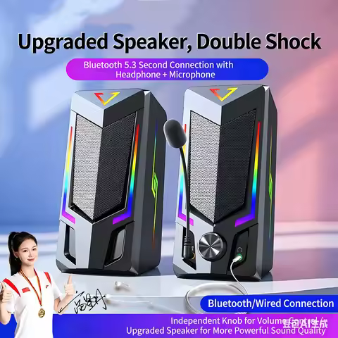 Desktop RGB Gaming Speakers Bluetooth 5.3, 2.0 Channel HiFi Surround Sound, USB Type-C Plug & Play f