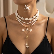 YX Vacation Layered Shell Starfish Bead Necklace 4Pcs Set Y2K Aesthetic Party Jewelry Gift For Women
