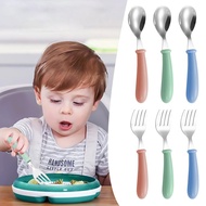 304 Stainless Steel Children's Spoon Fork Baby Tableware Fork Handle Spoon Baby Mother Round S7h2