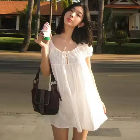 PixieKiki Women's Casual Loose Bubble Sleeves Mini Dress Mori Girl Cutecore White Summer Dresses P33