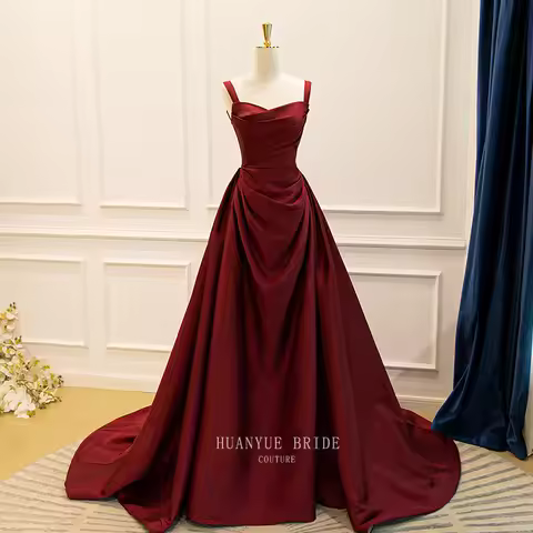 Burgundy Toast Dress Slimming Satin Elegant Evening Gown Strap Double Shoulder French Square Neck Lo
