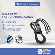 ATLAS Kabel Pengecas Super 3 Dalam 1 100W 6A USB Mikro Jenis C Kabel Data Kabel Pengecas Cepat Jenis