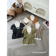 Rib Sweater with Button Collar