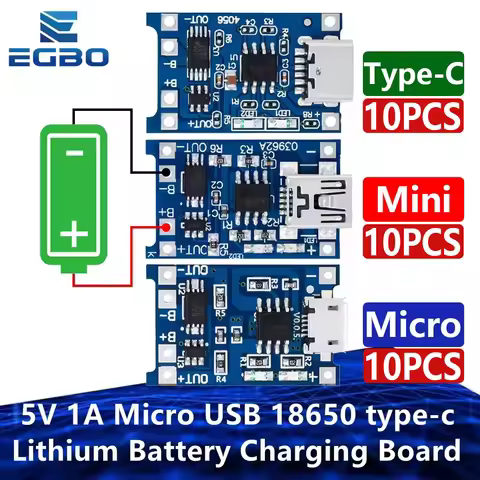 10PCS Micro Type-C MINI USB Lithium Battery Charging Board, Charger Module, Protection, Dual Functio