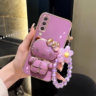 Casing Samsung  Galaxy A30s  A50s  A50  Luxury Square Soft Silicone Electroplating Phone Case with Hello Kitty Stand Orchid Flower Bracket Protector Cover