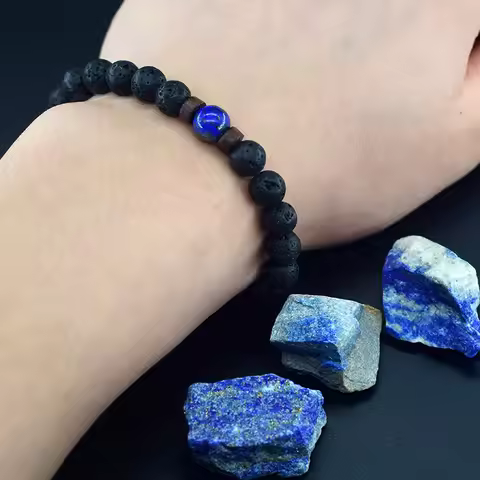 Real 5A Natural Lapis Lazuli Stone Beads Bracelet Homme Volcanic Lava Elastic High Quality Energy He
