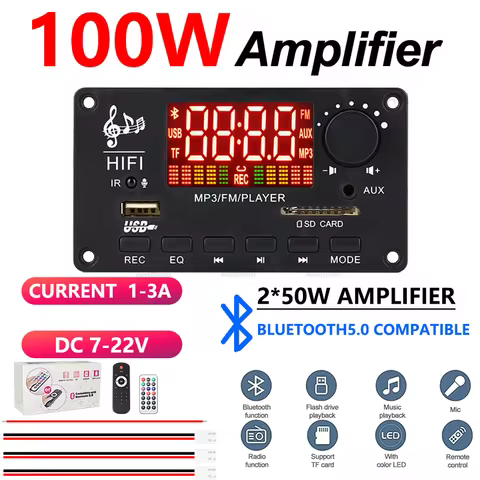 2x50W Bluetooth 5.0 Amplifier Kit with Black Case & Remote, DC 7-22V for Car Home Audio FiiO HiFi Po