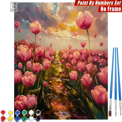 Tulip Field Sunset DIY Paint By Numbers Set - Tulips Sunset Dreamy Canvas Wall Art New Year'S Day Gi