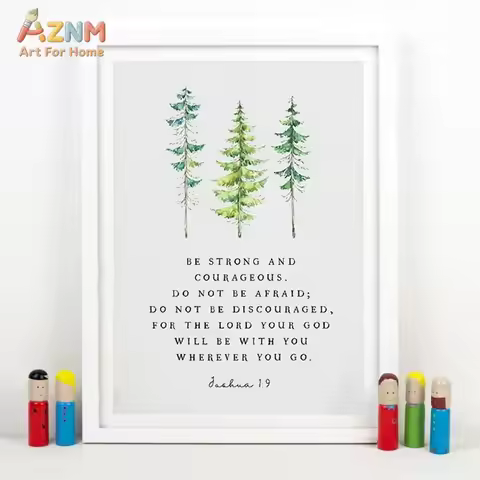 AZNM Joshua 1:9 Bible Verse Pine Tree Canvas Wall Art Print Decor