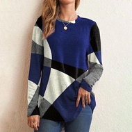 Women's Clothing 2024 Autumn Fashion Geometric Pattern Contrast Color Long-Sleeved T-Shirt Women's C