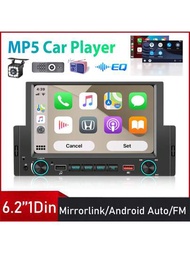 6.2英寸單1din汽車mp5播放器carplay汽車立體聲收音機觸摸屏幕mirrorlink Fm無線電接收器,支援tf/usb倒車影像+後置攝影機+遙控器