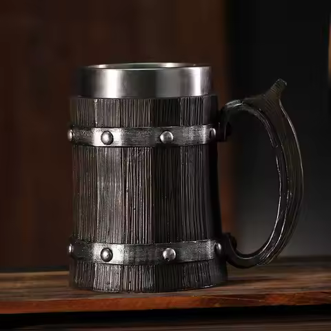 Large capacity Wood Retro Watter bottle Personalized Bar Beer mug Large Wine cup Stainless steel Cof