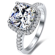 18K White Gold Plated 3CT Zircon Cushion Halo Diamond Ring for Women Sterling Silver Jewelry