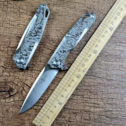 TWOSUN Flipper Folding Pocket Knife D2 Blade Line Titanium Handle for Daily Camping Outdoor Hunting