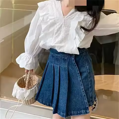 Vintage Pleated Girls Skirt Summer Casual School Girls Uniform Clothing Cozy Cowboy Kids Skirt Short