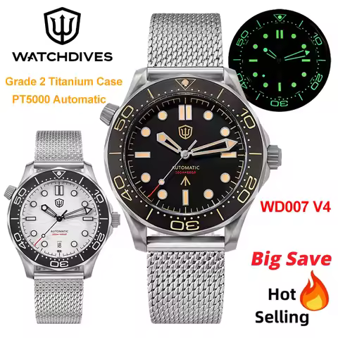 Watchdives WD007 V4 Grade 2 Titanium Mechanical Watch PT500 Automatic Domed Sapphire Crystal Luminou